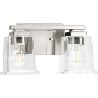 Gilmour Collection Two-Light Modern Farmhouse Brushed Nickel Clear Glass Bath Vanity Light - Damp Location Listed