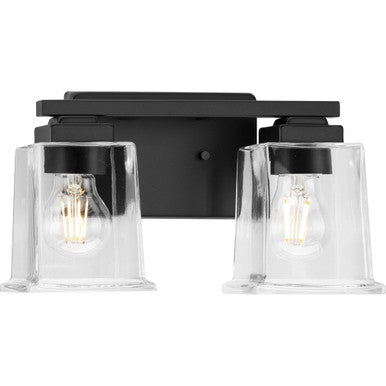 Gilmour Collection Two-Light Modern Farmhouse Matte Black Clear Glass Bath Vanity Light - Damp Location Listed