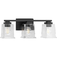Gilmour Collection Three-Light Modern Farmhouse Matte Black Clear Glass Bath Vanity Light - Damp Location Listed