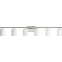 Replay Collection Six-Light Traditional Brushed Nickel Etched White Glass Bath Vanity Light - Damp Location Listed