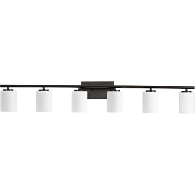 Replay Collection Six-Light Traditional Antique Bronze Etched White Glass Bath Vanity Light - Damp Location Listed