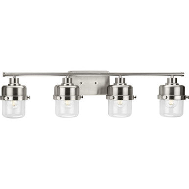 Beckner Collection Four-Light Brushed Nickel Clear Glass Urban Industrial Bath Light - Damp Location Listed