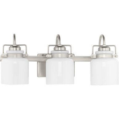 Fessler Collection Three-Light Brushed Nickel Opal Glass Farmhouse Bath Light - Damp Location Listed