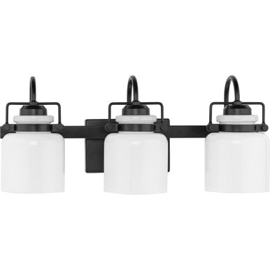Fessler Collection Three-Light Matte Black Opal Glass Farmhouse Bath Light - Damp Location Listed