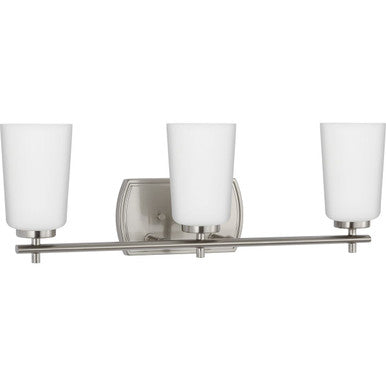 Adley Collection Three-Light Brushed Nickel Etched Opal Glass New Traditional Bath Vanity Light - Damp Location Listed