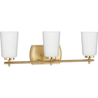 Adley Collection Three-Light Satin Brass Etched Opal Glass New Traditional Bath Vanity Light - Damp Location Listed