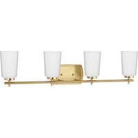 Adley Collection Four-Light Satin Brass Etched Opal Glass New Traditional Bath Vanity Light - Damp Location Listed