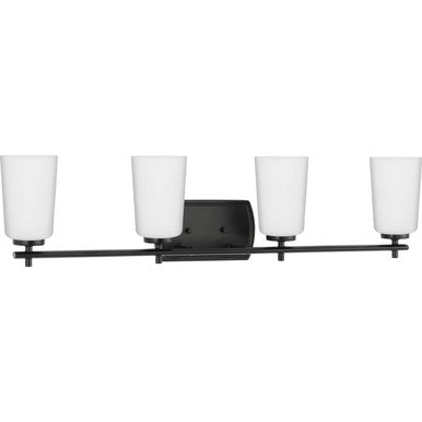 Adley Collection Four-Light Matte Black Etched Opal Glass New Traditional Bath Vanity Light - Damp Location Listed