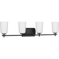 Adley Collection Four-Light Matte Black Etched Opal Glass New Traditional Bath Vanity Light - Damp Location Listed