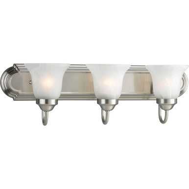 Three-Light Brushed Nickel Alabaster Glass Traditional Bath Vanity Light - Damp Location Listed