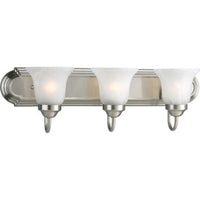 Three-Light Brushed Nickel Alabaster Glass Traditional Bath Vanity Light - Damp Location Listed