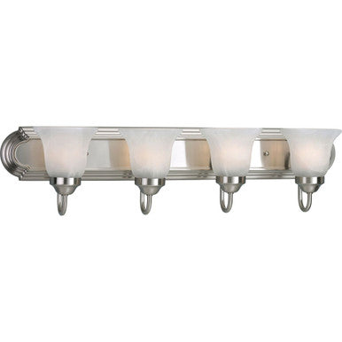 Four-Light Brushed Nickel Alabaster Glass Traditional Bath Vanity Light - Damp Location Listed