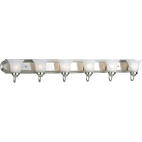 Six-Light Brushed Nickel Alabaster Glass Traditional Bath Vanity Light - Damp Location Listed
