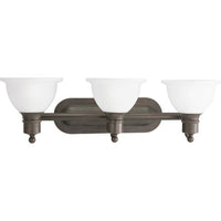 Madison Collection Three-Light Antique Bronze Etched Glass Traditional Bath Vanity Light - Damp Location Listed