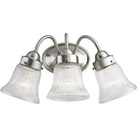 Fluted Glass Collection Three-Light Brushed Nickel Clear Prismatic Glass Traditional Bath Vanity Light