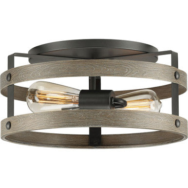 Gulliver Collection Two-Light Graphite and Weathered Gray Farmhouse Style Flush Mount Ceiling Light - Damp Location Listed