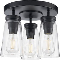 Stockbrace Collection Three-Light Matte Black and Clear Glass Farmhouse Style Flush Mount Ceiling Light - Damp Location Listed