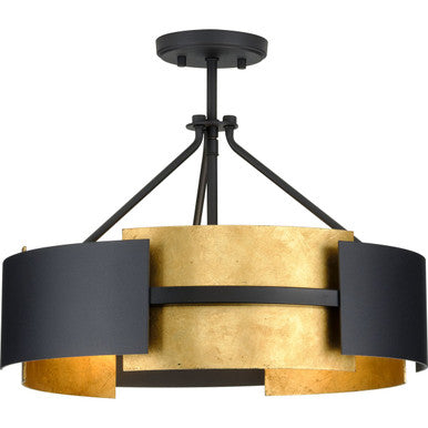 Lowery Collection Three-Light Textured Black Industrial Luxe Semi-Flush Mount with Distressed Gold Leaf Accent - Dry Location Listed
