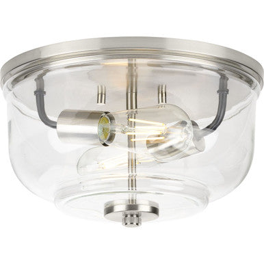 Rushton Collection Two-Light Brushed Nickel and Clear Glass Industrial Style Flush Mount Ceiling Light - Damp Location Listed