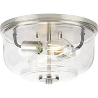 Rushton Collection Two-Light Brushed Nickel and Clear Glass Industrial Style Flush Mount Ceiling Light - Damp Location Listed