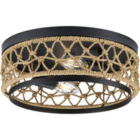 Chandra Collection 12 in. Two-Light Matte Black Global Flush Mount with Woven Shade - Damp Location Listed
