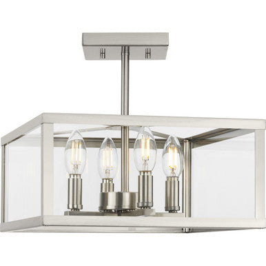 Hilllcrest Collection 13 in. Four-Light Brushed Nickel Transitional Semi-Flush Mount Light - Damp Location Listed