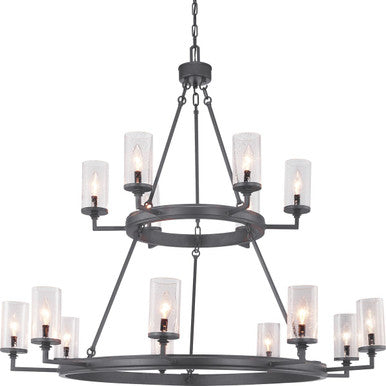 Gresham Collection Fifteen-Light Graphite Clear Seeded Glass Farmhouse Chandelier Light - Dry Location Listed