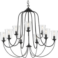 Bowman Collection Nine-Light Matte Black Clear Chiseled Glass Coastal Chandelier Light - Dry Location Listed