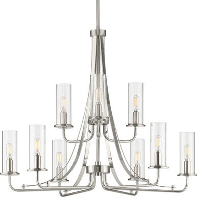 Riley Collection Nine-Light Brushed Nickel Clear Glass New Traditional Chandelier Light - Dry Location Listed