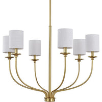 Bonita Collection Six-Light Satin Brass White Linen Fabric Shade Luxe Chandelier Light - Dry Location Listed