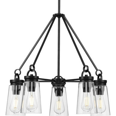 Stockbrace Collection Five-Light Matte Black and Clear Glass Farmhouse Style Chandelier Light - Dry Location Listed