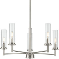 Kellwyn Collection Five-Light Brushed Nickel and Clear Glass Transitional Style Chandelier Light - Dry Location Listed