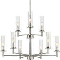 Kellwyn Collection Nine-Light Brushed Nickel and Clear Glass Transitional Style Chandelier Light - Dry Location Listed