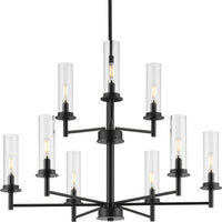 Kellwyn Collection Nine-Light Matte Black and Clear Glass Transitional Style Chandelier Light - Dry Location Listed