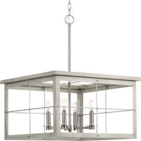 Hedgerow Collection Four-Light Brushed Nickel and Grey Washed Oak Farmhouse Style Chandelier Light - Dry Location Listed