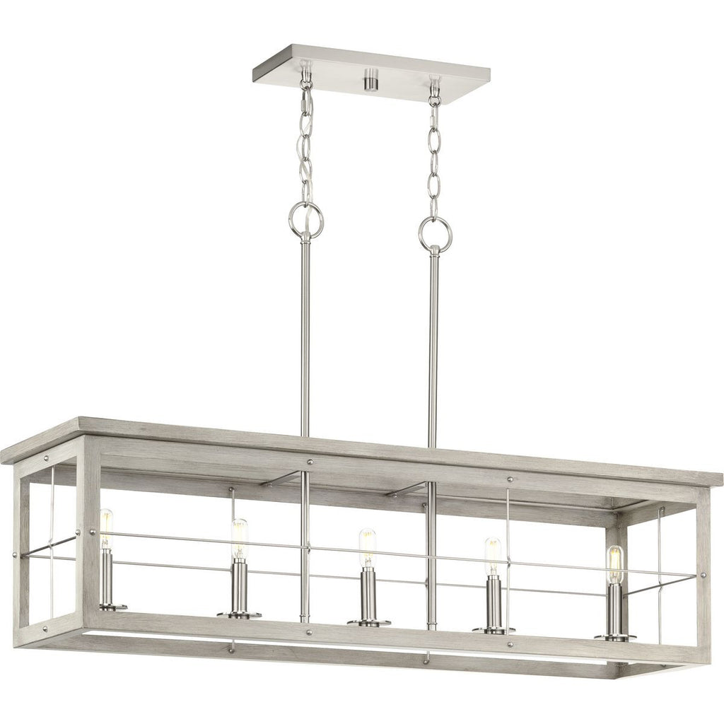 Hedgerow Collection Five-Light Brushed Nickel and Grey Washed Oak Farmhouse Style Linear Island Chandelier Light - Dry Location Listed