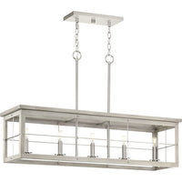 Hedgerow Collection Five-Light Brushed Nickel and Grey Washed Oak Farmhouse Style Linear Island Chandelier Light - Dry Location Listed