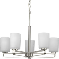 League Collection Five-Light Brushed Nickel and Etched Glass Modern Farmhouse Chandelier Light - Dry Location Listed