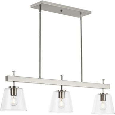 Saffert Collection Three-Light New Traditional Brushed Nickel Clear Glass Linear Island Chandelier Light - Dry Location Listed