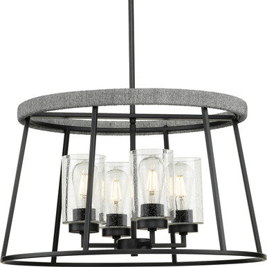 Laramie Collection Four-Light Matte Black Rustic Modern Clear Seeded Glass Chandelier - Dry Location Listed