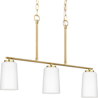 Adley Collection Three-Light Satin Brass Etched White Glass New Traditional Linear Chandelier - Dry Location Listed