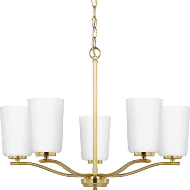 Adley Collection Five-Light Satin Brass Etched White Glass New Traditional Chandelier - Dry Location Listed