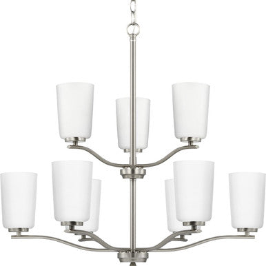 Adley Collection Nine-Light Brushed Nickel Etched White Opal Glass New Traditional Chandelier - Dry Location Listed