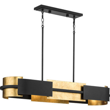 Lowery Collection Four-Light Textured Black Industrial Luxe Linear Chandelier with Distressed Gold Leaf Accent - Dry Location Listed