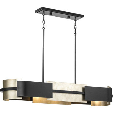 Lowery Collection Four-Light Matte Black Industrial Luxe Linear Chandelier with Aged Silver Leaf Accent - Dry Location Listed