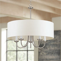 Drum Shade Collection Five-Light Brushed Nickel White Textured Linen Shade Farmhouse Chandelier Light - Dry Location Listed