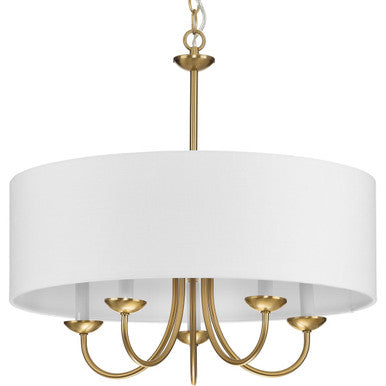 Drum ShadeCollection Five-Light Brushed Bronze White Fabric Shade New Traditional Chandelier Light - Dry Location Listed