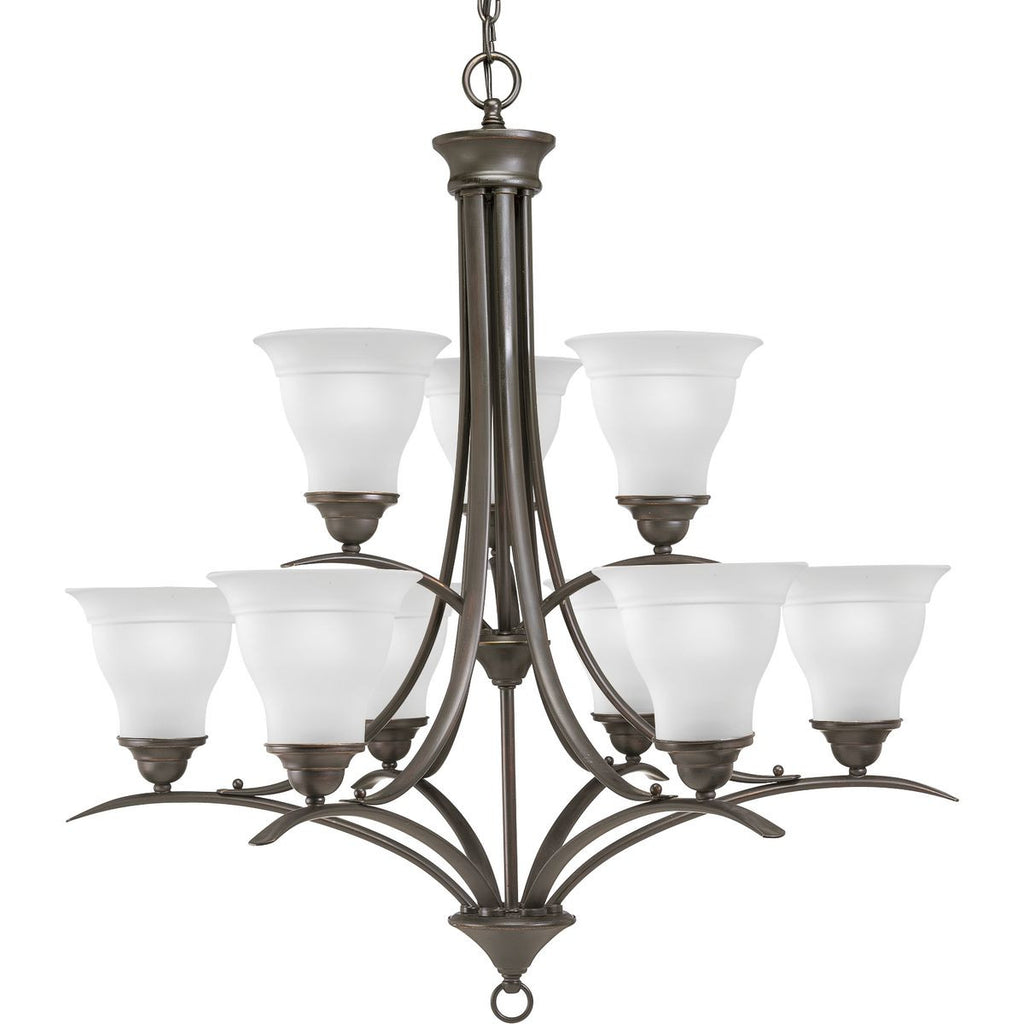 Trinity Collection Nine-Light Antique Bronze Etched Glass Traditional Chandelier Light - Dry Location Listed