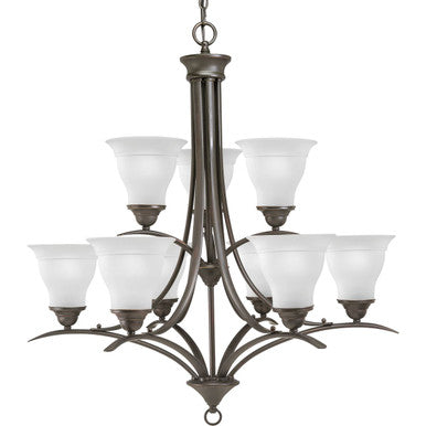 Trinity Collection Nine-Light Antique Bronze Etched Glass Traditional Chandelier Light - Dry Location Listed