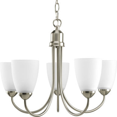 Gather Collection Five-Light Brushed Nickel Etched Glass Traditional Chandelier Light - Dry Location Listed - Model P4441-09